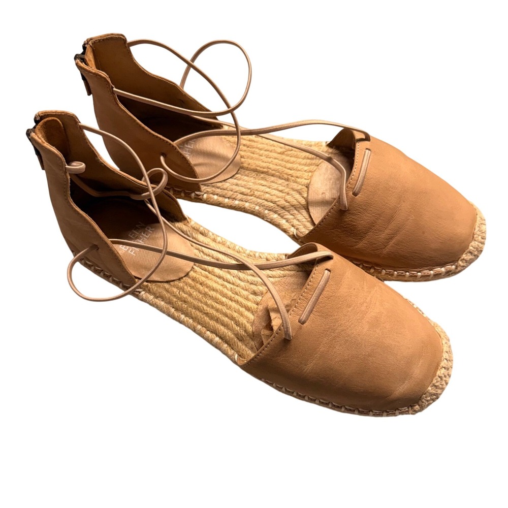 Eileen Fisher Tan Leather Lace Up Espadrille Flats Shoes Size 8.5 Rear Zip